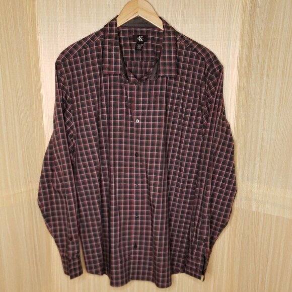 Calvin Klein Mens Black Red Grey Check Long Sleeve Button Down Shirt XXL - Picture 1 of 5